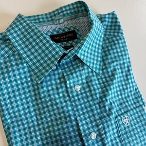 Ariat Pro Series Button Down Short Sleeve Shirt Large & Tall Teal &White checker